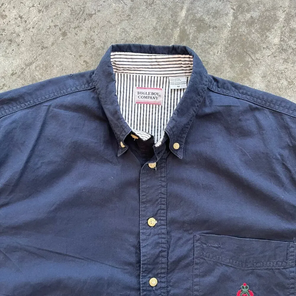 VTG Bugle Boy Company Shirt Mens Medium M Navy Blue Short Sleeve Crest Logo 90s - Picture 2 of 7